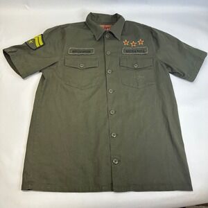 Hard Rock Cafe ROMA Hollywood Mens M Olive Green Military Utility Patch Shirt